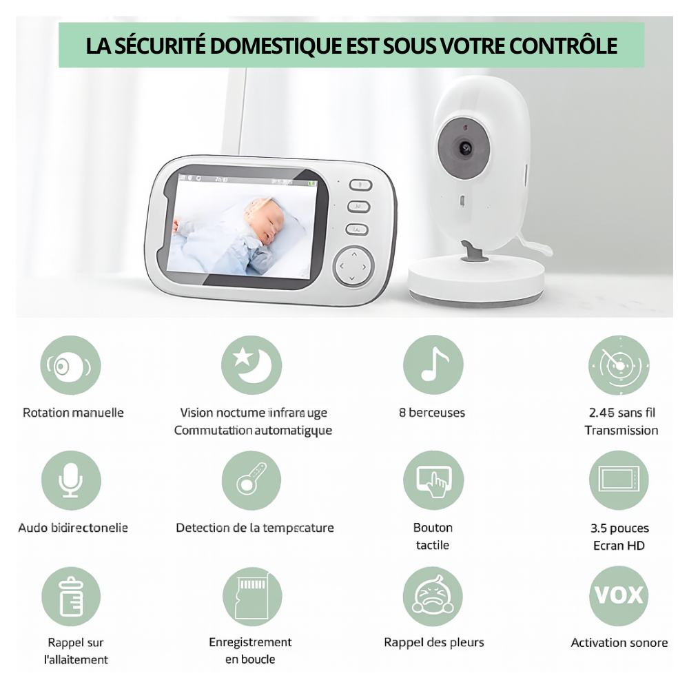 Bebelio - Babyphone Evo 3.5" - Vision Nocturne, Audio Bidirectionnel, Sans Ondes